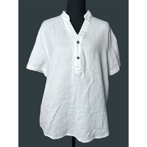 Womens White Gauze Cotton Popover Top - L Neutral Coastal Beach Resort Lagenlook